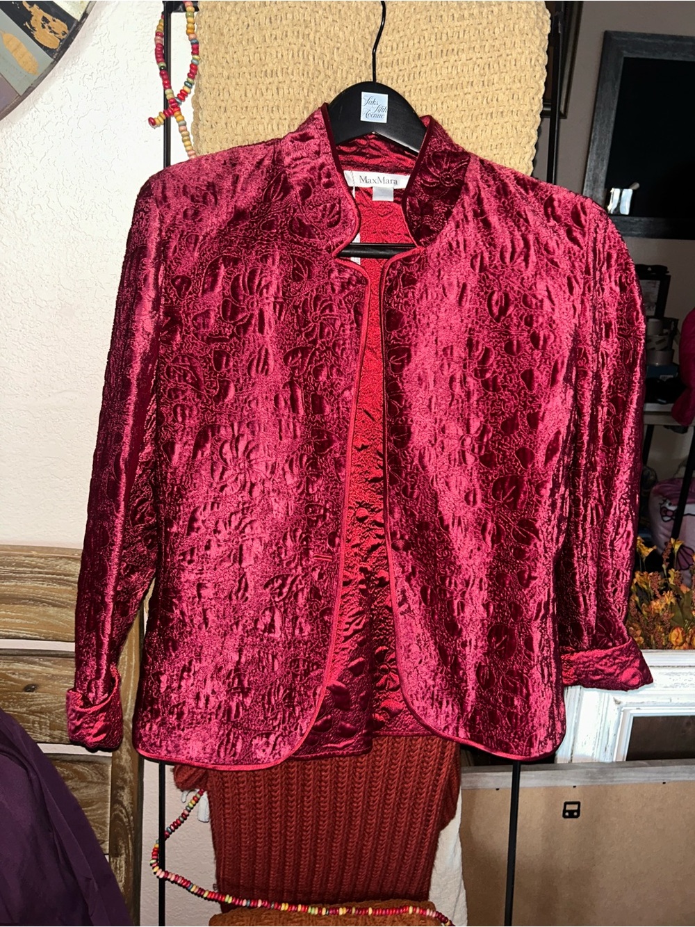 MaxMara Deep Red Velvet Embossed Open-Front Tunic Jacket